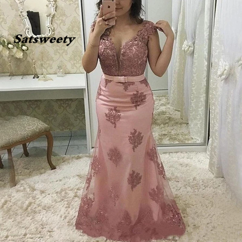 Vestido de sereia rosa claro para a mãe da noiva, tamanho grande, manga pura, renda vintage, vestido de noite formal longo