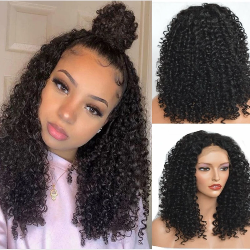 

DLME Lace Front Wigs Kinky Curly Synthetic Black Wig For Women 150 Density Heat Resistant Hair