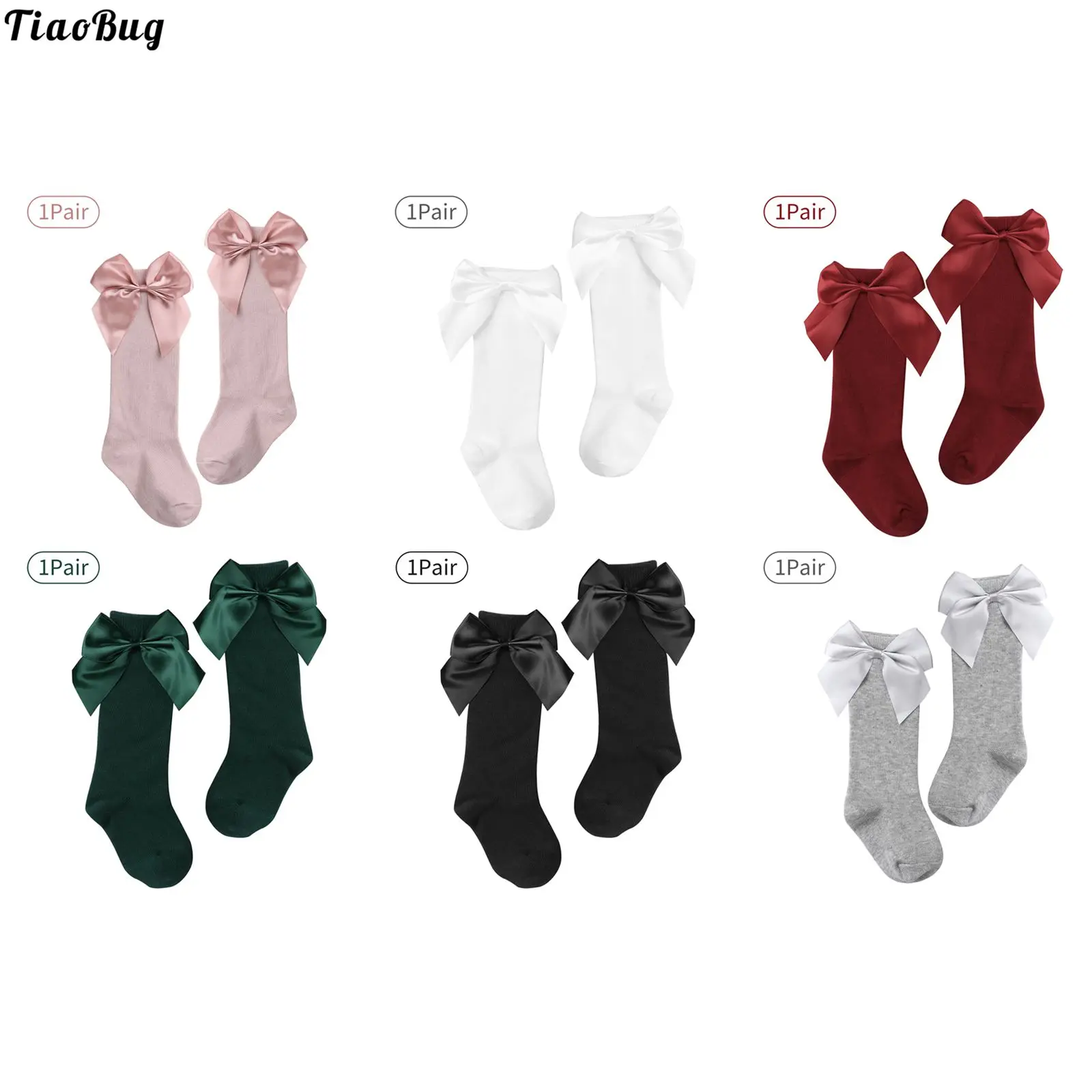 TiaoBug 1 Pair Kids Girls Big Bowknot Pure Color Cotton High Socks Good Elasticity Knee High Cotton Socks For Tutu Dress