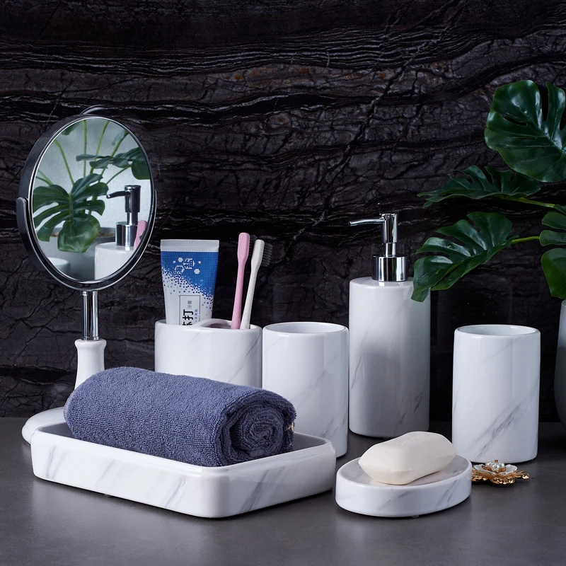 Bathroom Accessories Set Soap Dispenser Toothbrush Holder Gargle Cups Soap Dish With Tray Bathroom Mirror Ceramic Wedding Gifts