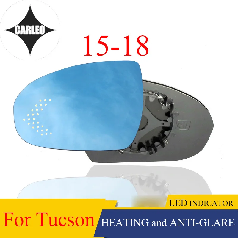 Car Side View Mirror Lens for Hyundai Tucson 2015-2018 Blue HD Glass Large view With Heating Function& LED Indicator Light