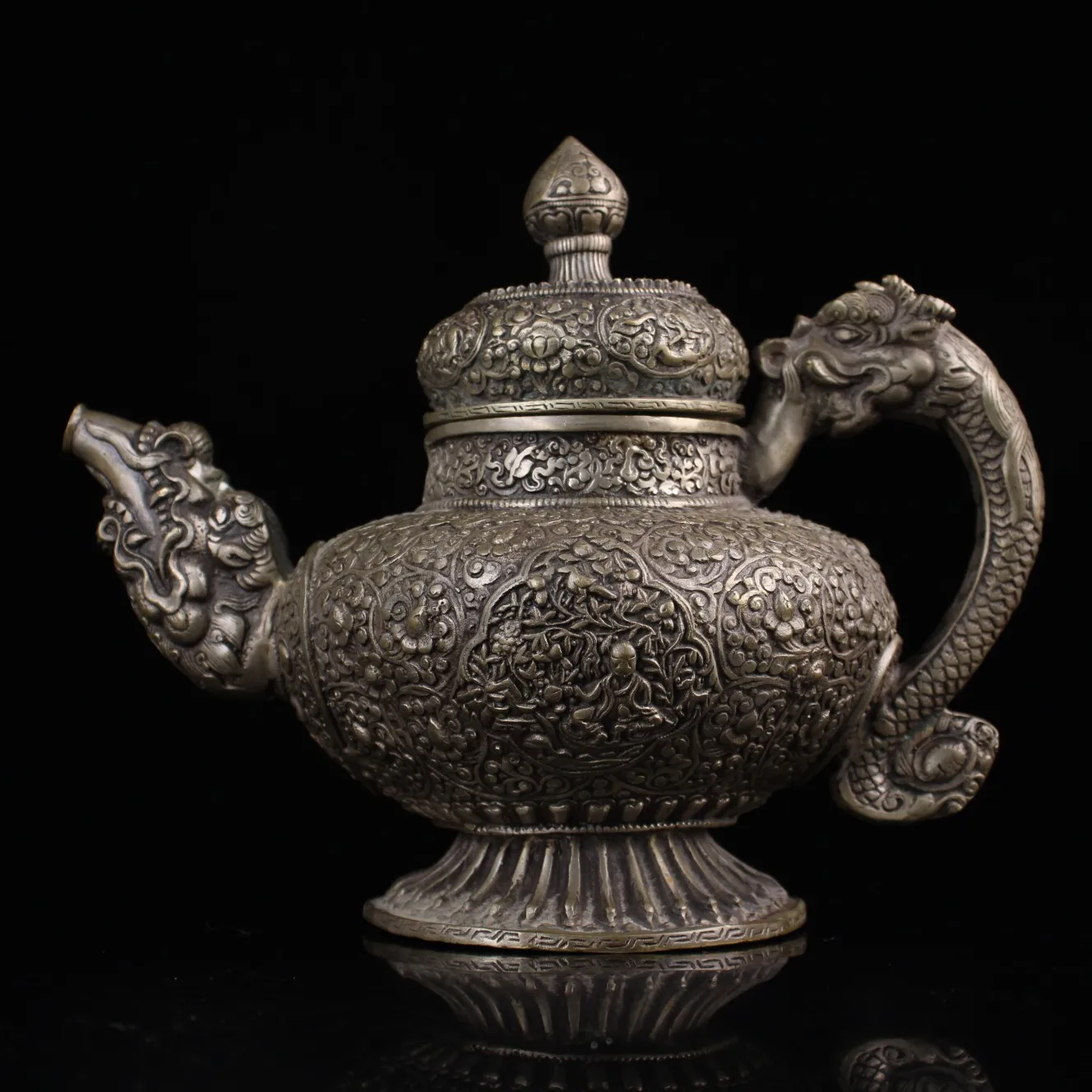 

10"Tibetan Temple Collection Old Bronze Gilded silver Dragon handle Teapot Hidden pot kettle Ornaments Exorcism Town House