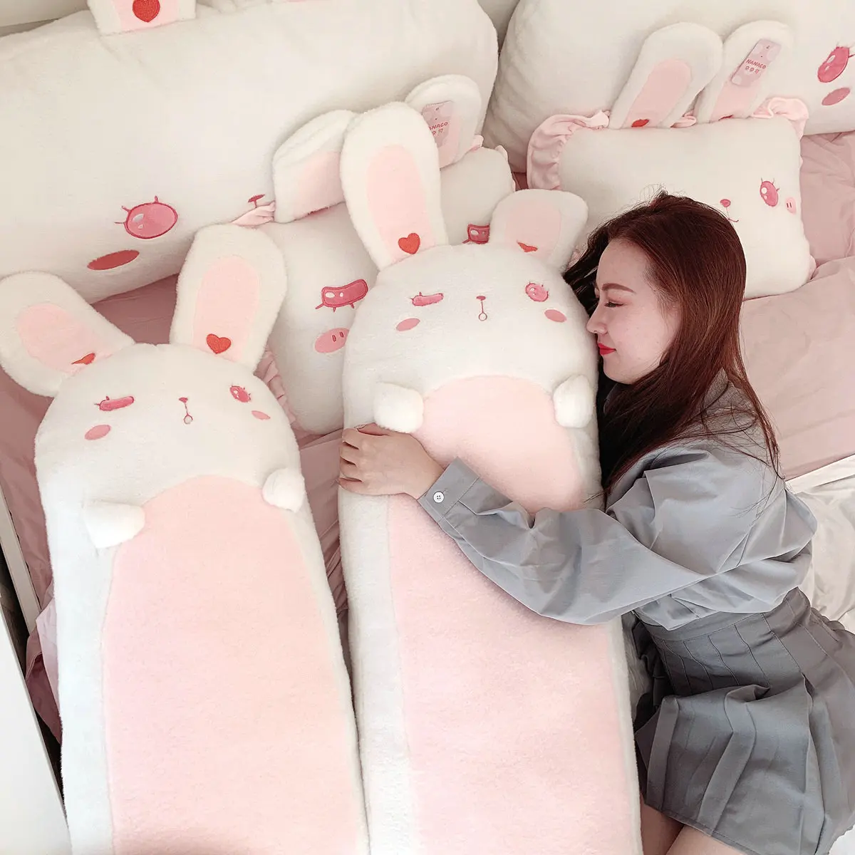 

Soft Lolita Bunny Long Throw Pillow Stuffed Cartoon Cute Winkle Eyes Rabbits Speeping Leg Pillow Nap Pillow for Girl Birthday