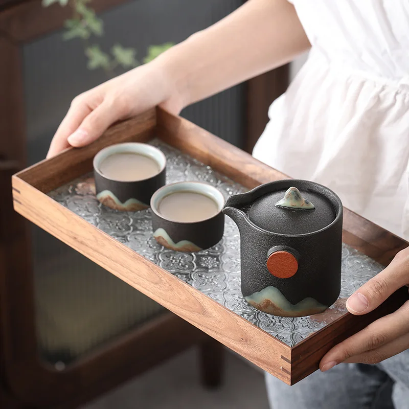 Japanese-Style Hand-Painted Portable Travel Tea Set Coarse Pottery Express Cup One Pot Two Cups Kung Fu Tea Set Small SetGaiwan