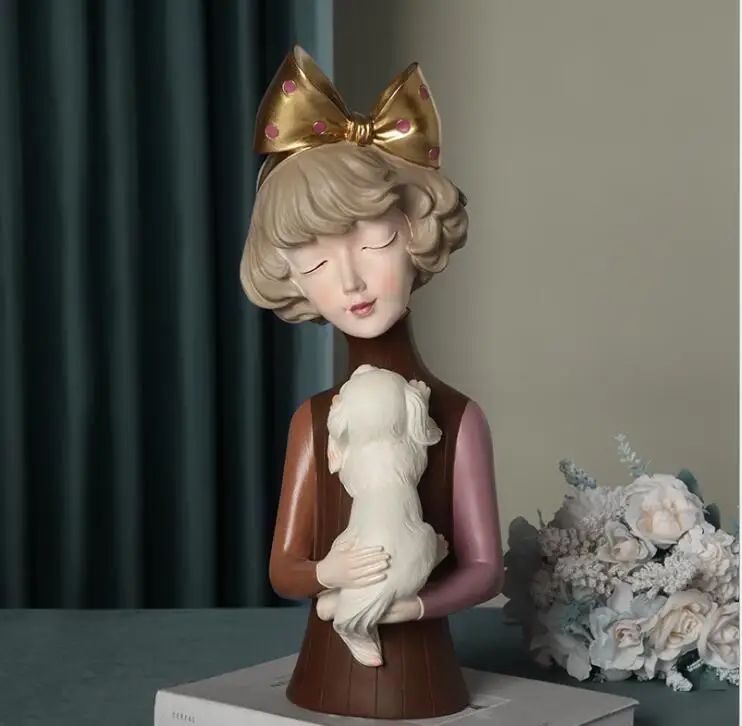 Semplice ragazza carina abbraccio cane gatto statue in resina accessori arredamento per la casa decorazione artigianato tavolo da caffè scultura