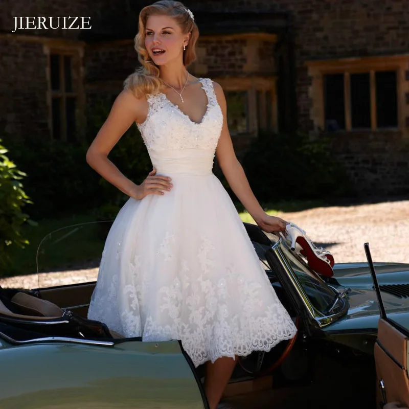 

JIERUIZE White Lace Appliques Short Wedding Dresses V-neck Beaded Cheap Tea Length Bridal Gowns Bride Robe De Soiree