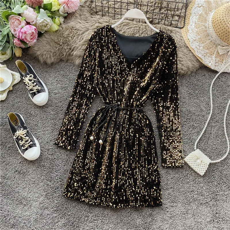 Spring Autumn Women's Sequin Long Sleeve Mini Dress New Temperament Slim  Sexy Party Dress Y245 - AliExpress 200000345