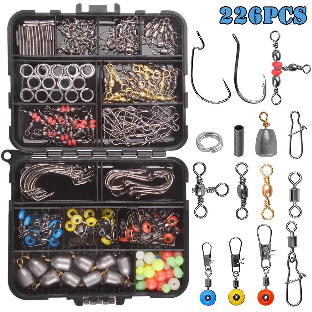 226Pcs/Box Fishing Swivel Kit Hooks Swivels Snap Iron Drop Shot Sinker Weights Split Rings Fishing Terminal Tackle Accessories