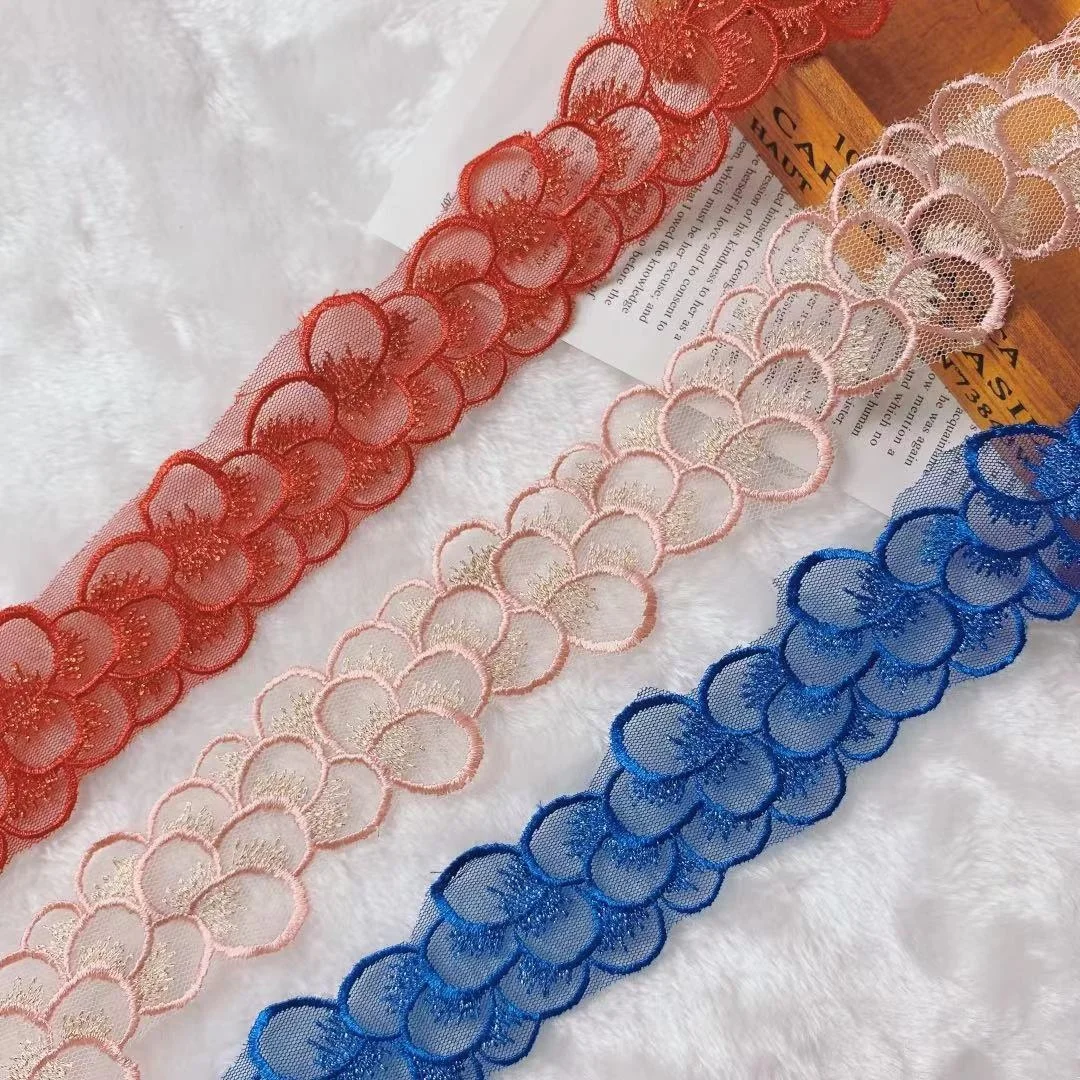 4.5CM Wide Exquisite Red Orange Blue Mesh Dress Guipure Fabirc Embroidered Fringe Ribbon Lace Collar Trim DIY Sewing Supplies