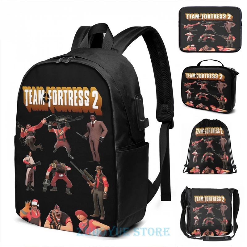 Team Fortress 2 - All Characters   Classes with TF2 Logo USB Charge Backpack men School bags Cosmetic bag Travel laptop bag