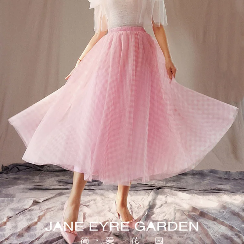 2025 Sprint female skirt Chic and Elegant Woman skirt Womens Fashion Plus Size 6XL Pink Plaid Mesh Fluffy Tutu Midi Long Skirts