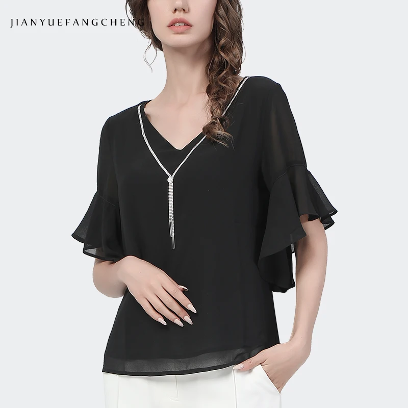 Fashion Summer Chiffon Blouse Women Loose V-Neck Flare Sleeve Tops With Metal Tassel Slimming Plus Size Black Casual Blouses