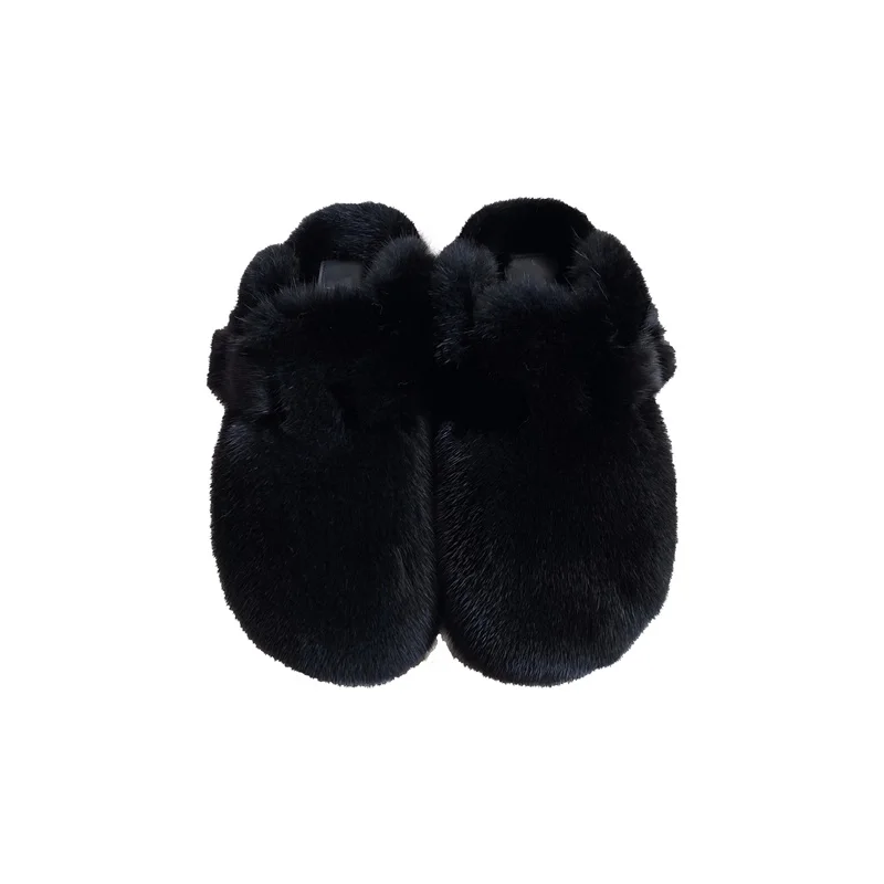 Ladies New High Quality 100% Mink Slippers Fur Turf Flat Shoes Household Furf Slippers