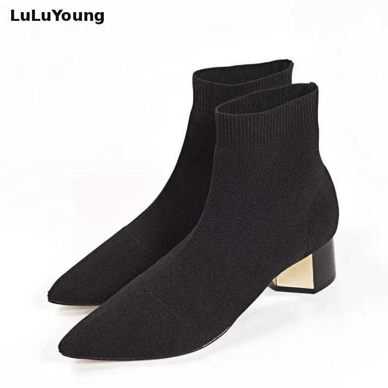 Knitted Elastic Socks Boots Medium Heeled Short Boots Women Point Toe Ankle Boots