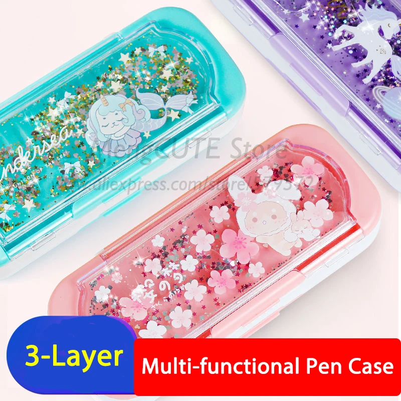 Three-Layer Luminous Quicksand Pencil Case Boy Girl Primary School Student Plastic Creative Birthday Gift Stationery Pen Box