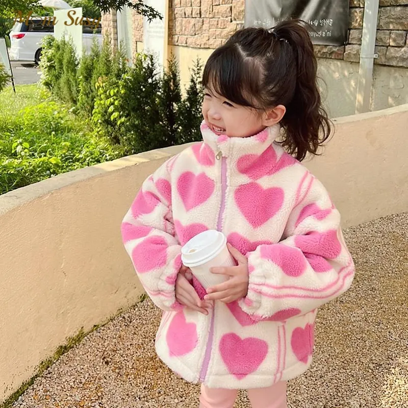 Fashion Baby Girl Winter Jacket Love Pattern Thick Infant Toddler Polar Fleece Coat Baby Outwear Valentine Baby Clothes 1-8Y