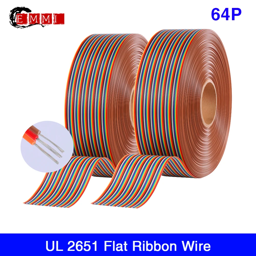 64Pin AWM 2651 7/0.127TS 28AWG PVC Rainbow Tinned copper Color Flat Cable 105 Degree 300V Flat Ribbon Wire