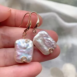 Elegant Real Natural Freshwater Pearl Dangle Earrings for Women Rainbow Shiny Irregular Rectangle Biwa Baroque Pearl Earrings