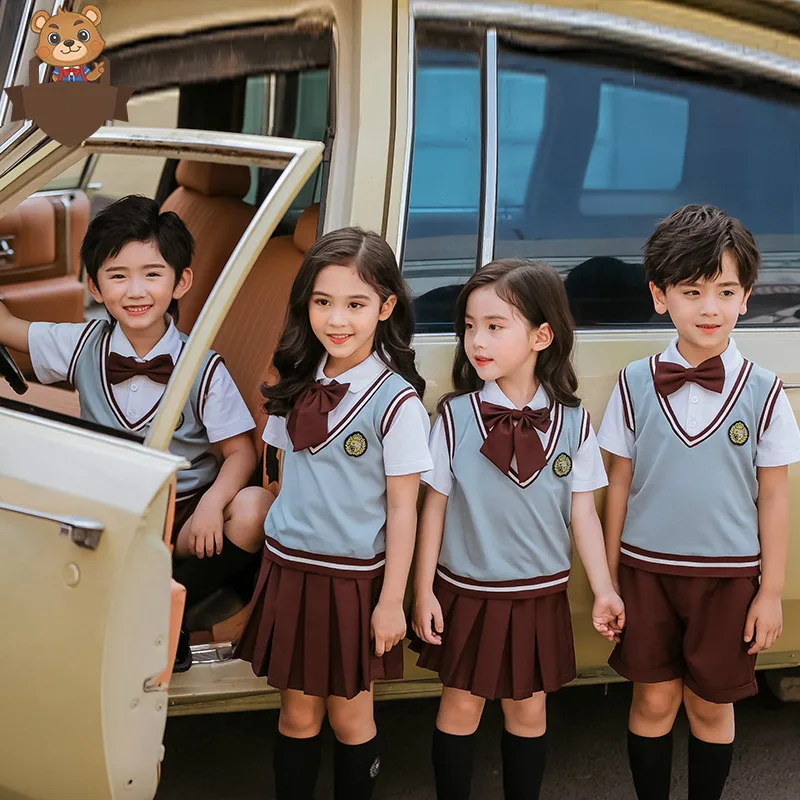 Uniforme escolar británico para niños, traje de camisa de manga corta, Falda plisada, conjunto de ropa de clase de guardería japonesa coreana