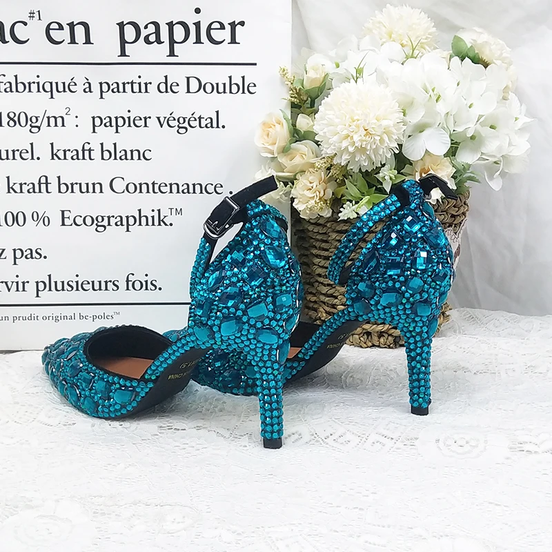 Teal Blue Women wedding shoes Woman Summer Sandals crystal ankle strap shoes woman Fashion Pointed toe High shoes Buckle Sandals