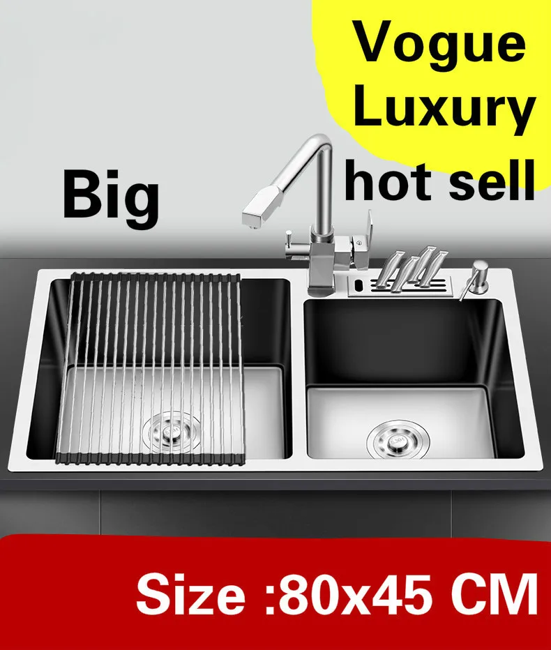 

Free shipping Apartment luxury kitchen manual sink double groove do the dishes 304 stainless steel big hot sell 800x450 MM