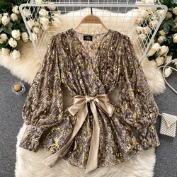 Sexy V-neck Puff Full Sleeve Long Blouse Women2021 Fashion Bandage Waist Slim Retro Golden Snake Skin Design Shirt with Belt