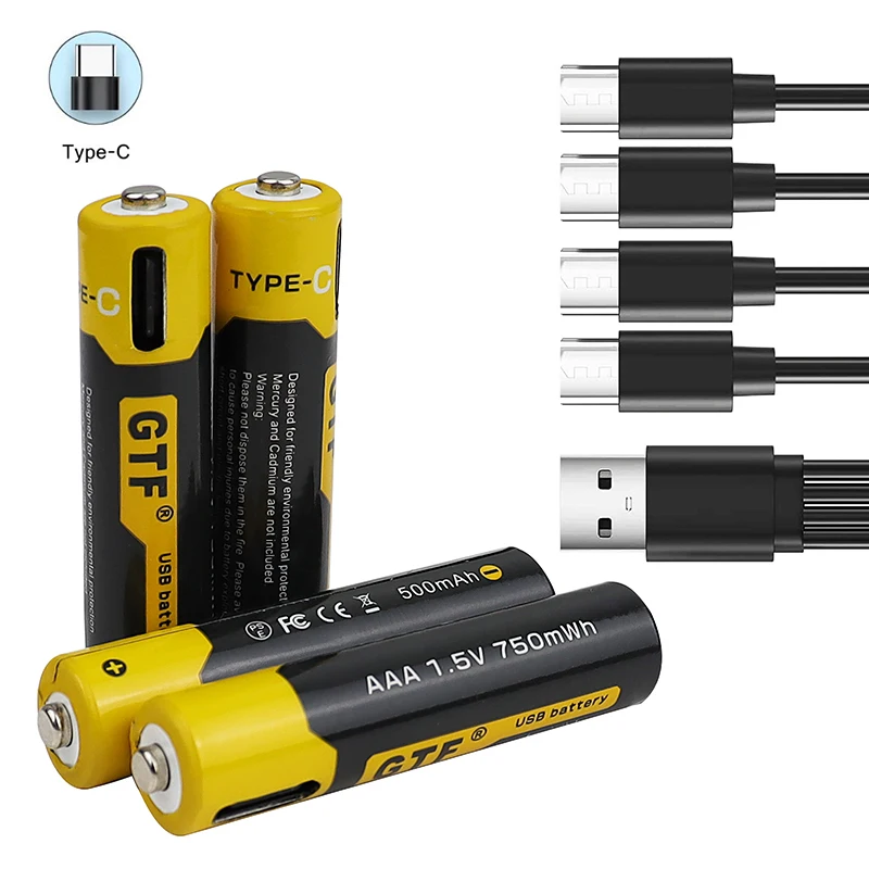 Batería AAA de carga USB tipo C, 1,5 V, 500mah, 750 mWh, iones de litio, 4 en 1, Cable de carga USB tipo C, indicador de carga LED