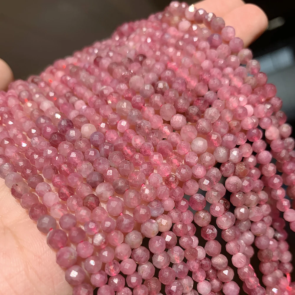 

A+ Pink Natural Tourmalines Faceted Loose Gems Beads for Jewelry Making DIY Waistbead Gift Women 15'' Tiny Stone Bead 2/3/4mm