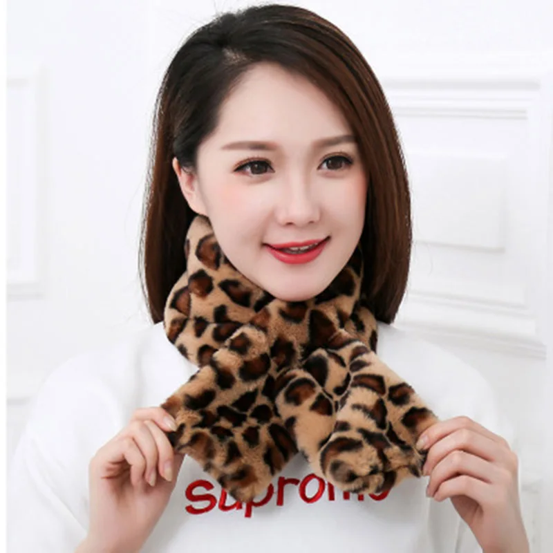 Winter Thicken Plush Leopard Scarf Female Faux Rabbit Fur Warm False Collar Animal Pattern Cross Neck Guard Warm Snood N37