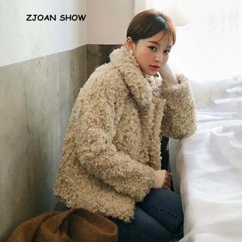 Winter Turn down Collar Lapel Hairy Shaggy Soft Faux Fur Coat Green Women Long Sleeve Furry Fur Warm Jacket Short Outerwear