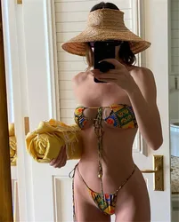 Bikini bohemio con Tanga de corazón para mujer, traje de baño verde con Tanga, traje de baño Micro submarino, recorte Halt
