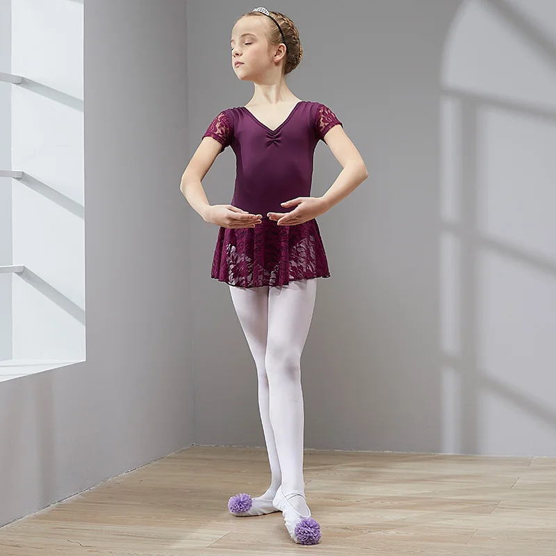 Abito da ballo a maniche corte per ragazze, abiti da ballo per balletto in pizzo di cotone, body per balletto per bambini, abito per Tutu, gonne da ballo per bambini, abito da balletto