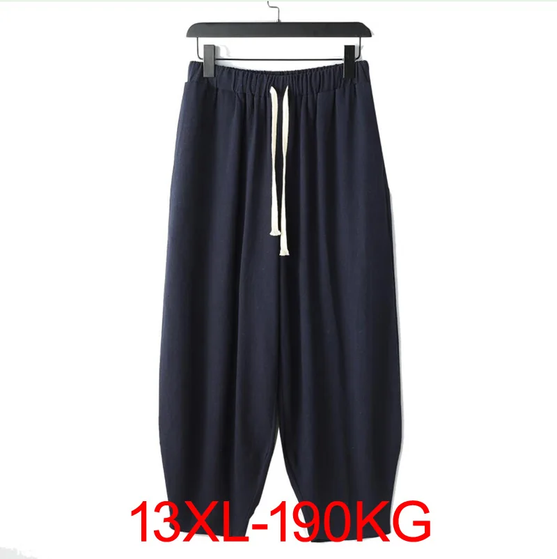 Summer Men Solid Color Cotton Linen Straight Casual Pants Plus Large Size Breathable Comfortable Drawstring Loose Trousers 13xl