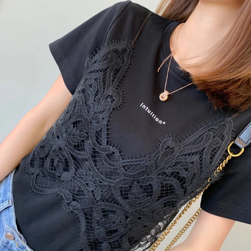 Summer Tshirts Women fake two piece chest Lace stitching T-Shirt Fashion Tops Ladies Chic T-Shirt Female Short Sleeve Casual Tee