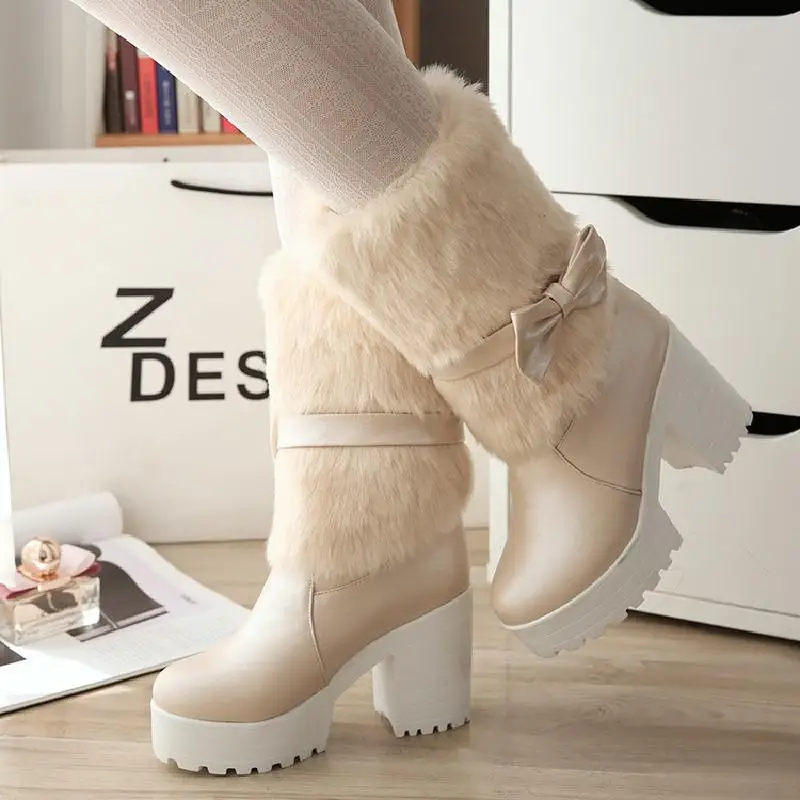 High-heeled snow boots female Lolita sweet bow student fur boots plus cashmere keep warm women shoes cute bowknot kawaii snow