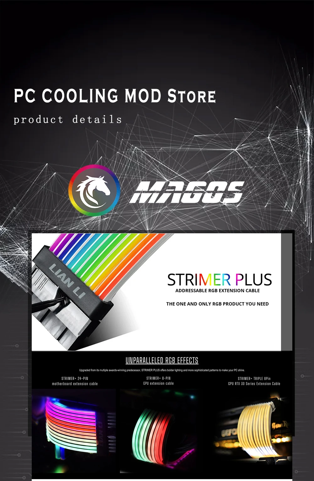 LIAN LI Strimer Plus RGB PSU Extension Cable 24Pin ATX Rainbow