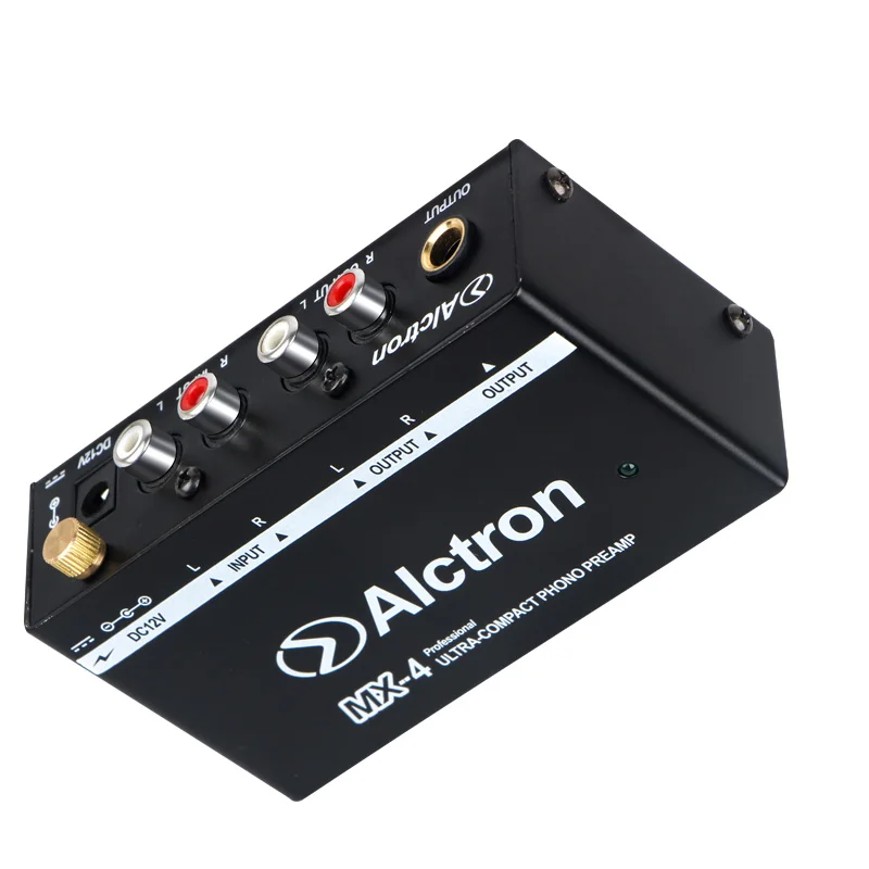 Alctron MX-4 전문 울트라 컴팩트 포노 프리앰프, RCA, 6.35mm 커넥터, DC 전원 공급 장치, 다양한 장치와 호환 가능