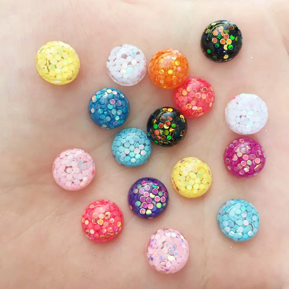 50PCS Resin 10mm Colorful Glitter Round Bead Flatback Rhinestone Scrapbook Crafts Diy Half Beads Jewelry Making Accessories W77