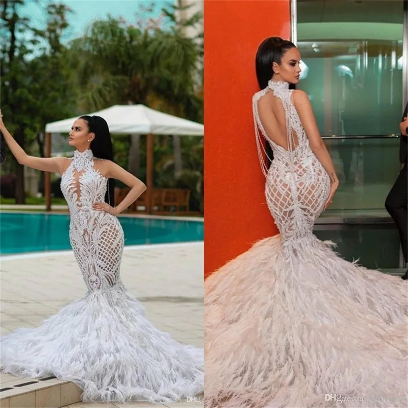 Luxury Feather Mermaid Wedding Dresses High Neck Lace Applique Illusion Plus Size Wedding Dress Sweep Train Beaded Bridal Gowns