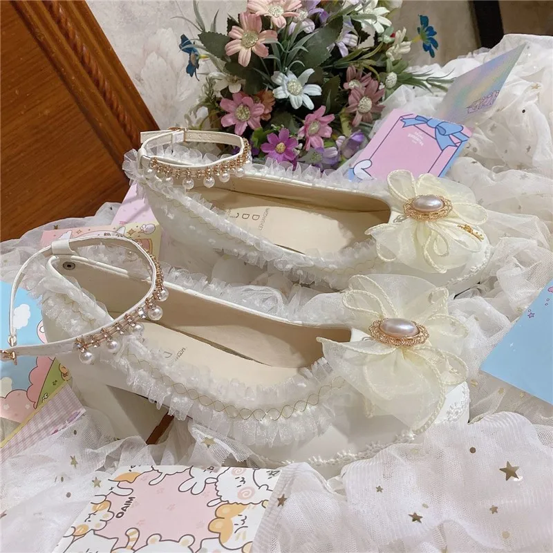 

Princess Sweet Loli Girls Pearl Kawaii Tea Party Japanese Ladies Anime Lolita Shoes Women Cosplay Feminine Bow Mid Heel 5cm