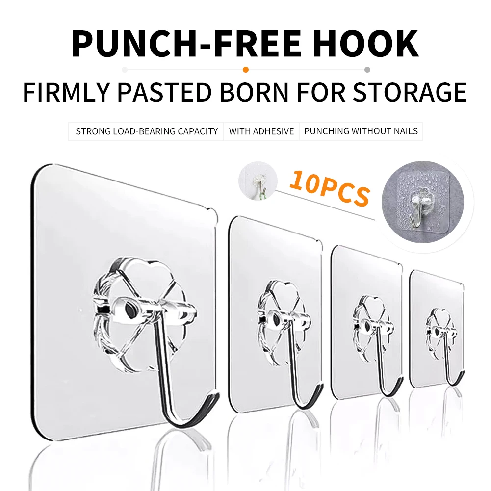 

10PCS Transparent Wall Hooks Waterproof Strong SelfAdhesive Hooks Reusable Seamless Hanging Hook for Kitchen Bathroom