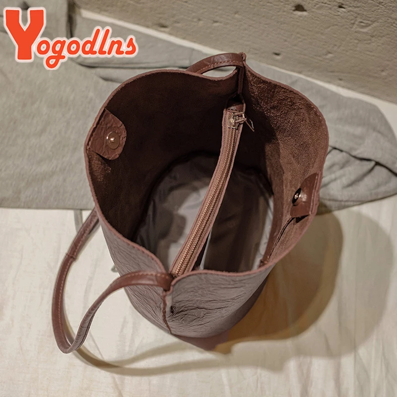 Yogodlns Vintage Shoulder Bag For Women PU Leather Bucket Bag Casual Handle Bag Large Capacity Brand Crossbody Bag Lady Handbag