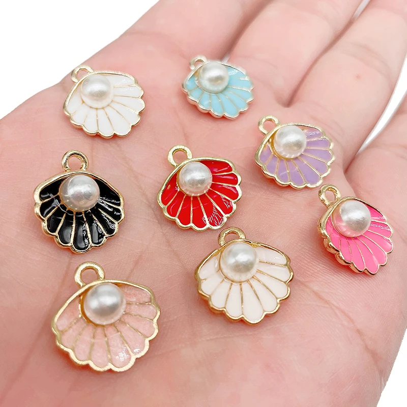 10Pcs Colorful Ocean Shell Enamel Pearl Alloy Charm Pendant Women's Bracelet Necklace DIY Jewelry Making Accessories Wholesale