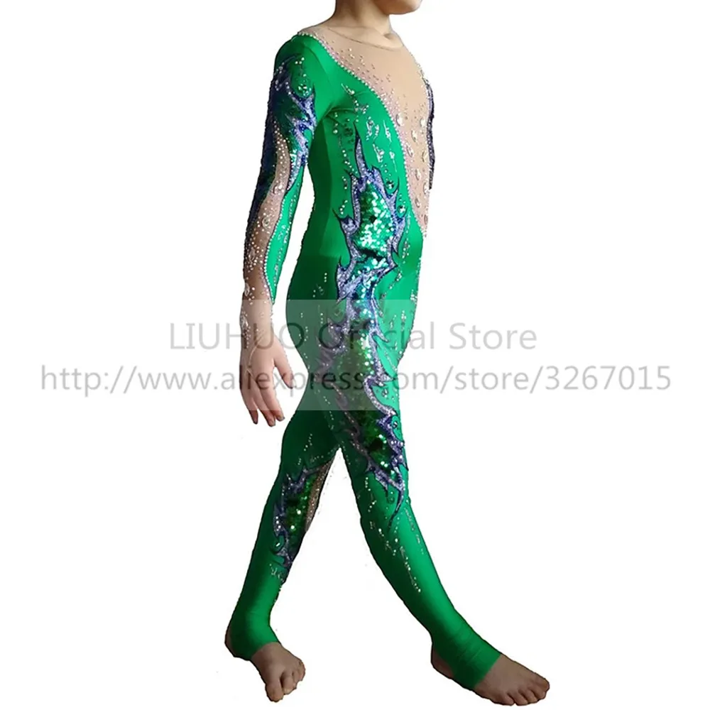 LIUHUO Women\'s Girls\'  Adult Jumpsuit Performance Green Rhythmic Gymnastics Competition Leotard Ice Figure Skating Dress Dance