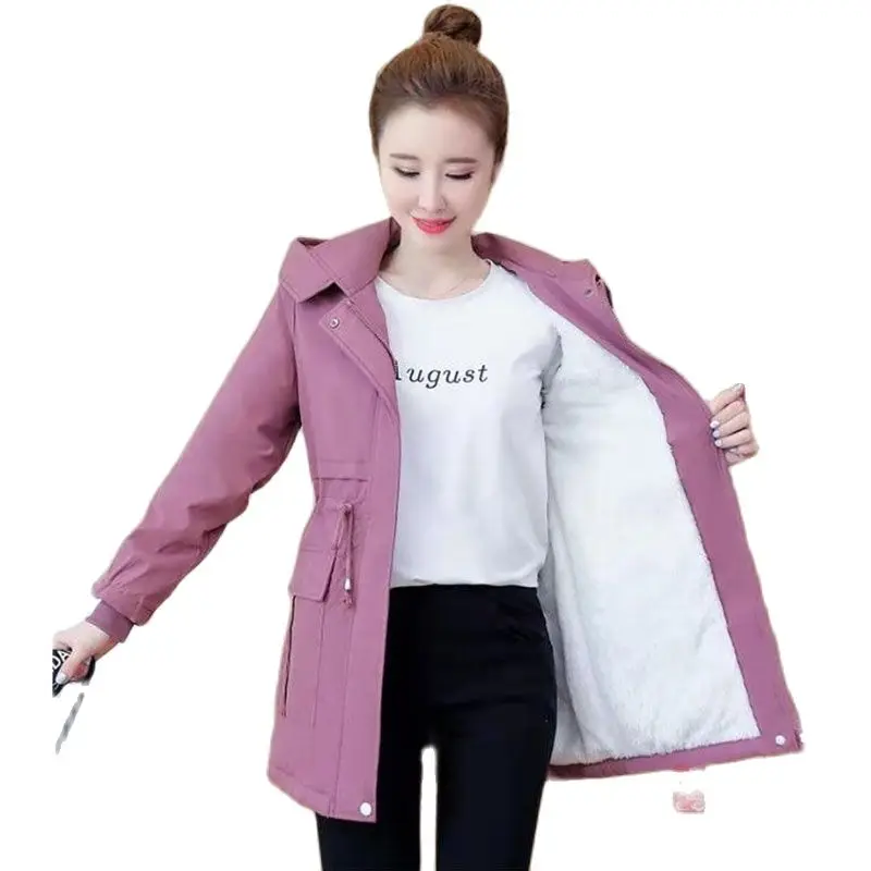 Add  Velvet Thicken Autumn Winter Cotton Clothes Keep Warm Women's Coat Loose Hood Slim Ladies Mid-Length Windbreaker Outerwear