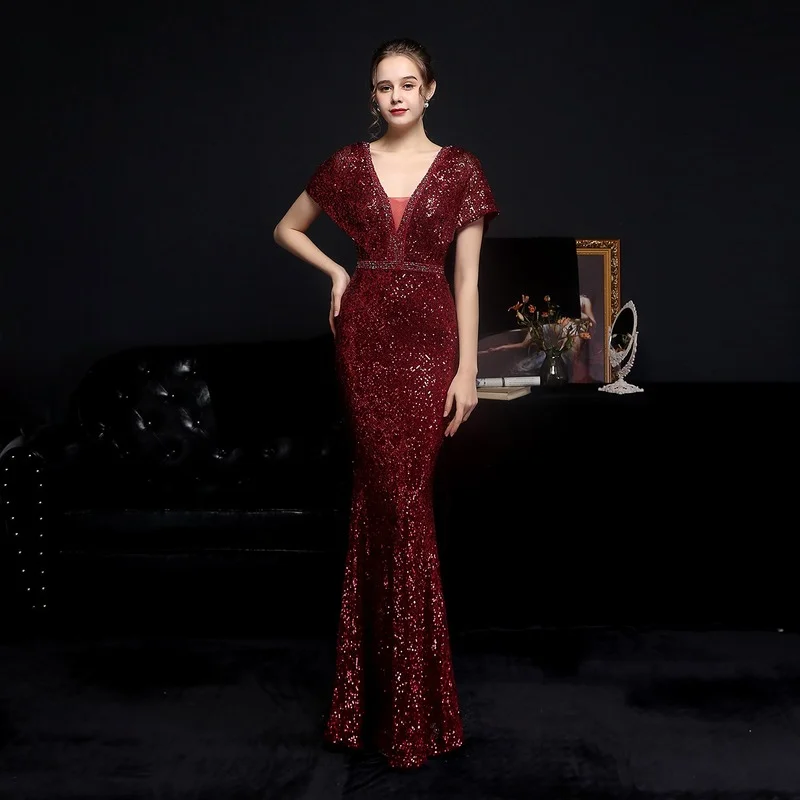 

Beauty-Emily Women Evening Dresses Long Luxury Mermaid Dress Beads V-Neck Sequins Party Gowns 2021 robe de soirée de mariage