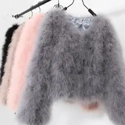 sexy Ostrich wool turkey real fur women black coat genuine feather short 5XL,7XL winter festival long sleeve jacket