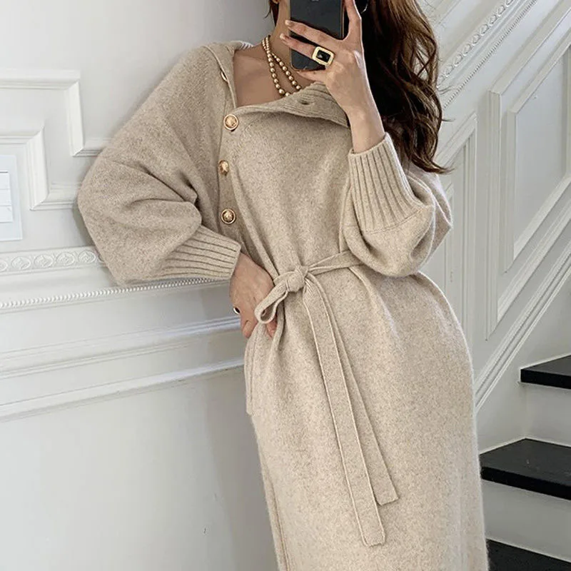 Women\'s Knitted Dress Autumn Winter Turtleneck Buttons Full Sleeve Korean Dresses Warm Vestidos Female Clothes for New Year 2024