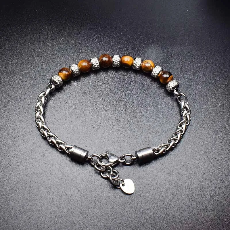 New 2021 6MM Adjustable Unique Natural Tiger Eye Stone Men\'s Beaded Bracelet Stainless Steel Cuban Link Chain Bracelets