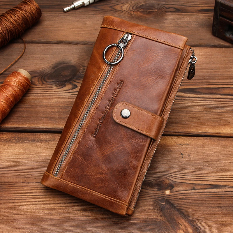 CONTACT'S Men Wallets Genuine Leather Long Style Card Holder Male Purse Zipper Large Capacity Luxury Brand Wallet for Men Rfid